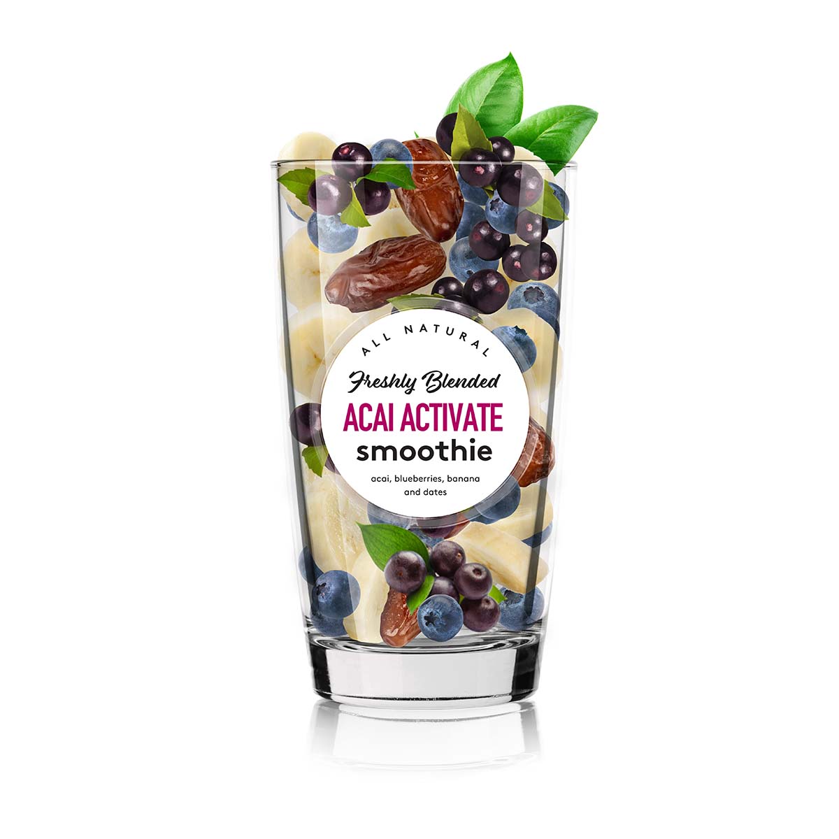 Glass with Acai Activate smoothie fruit pieces ingredients inside